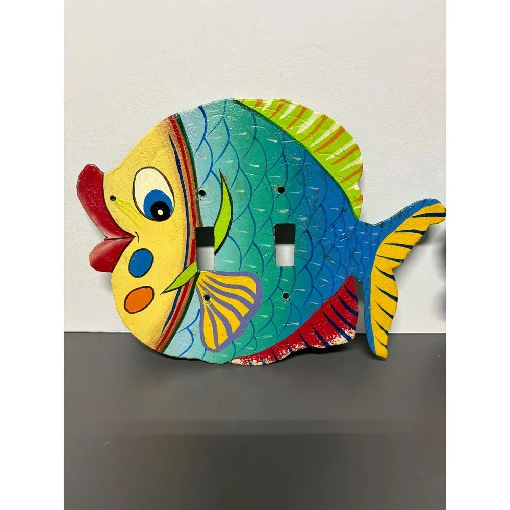 Hand Painted Metal Fish Light Switch Plates Lot of 2 Whimsical Nautical Coastal